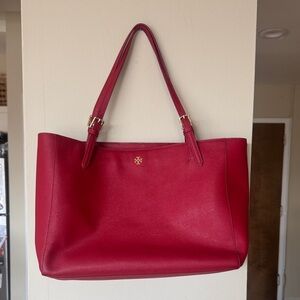 Tory Burch Red Leather Tote with laptop sleeve and dust bag